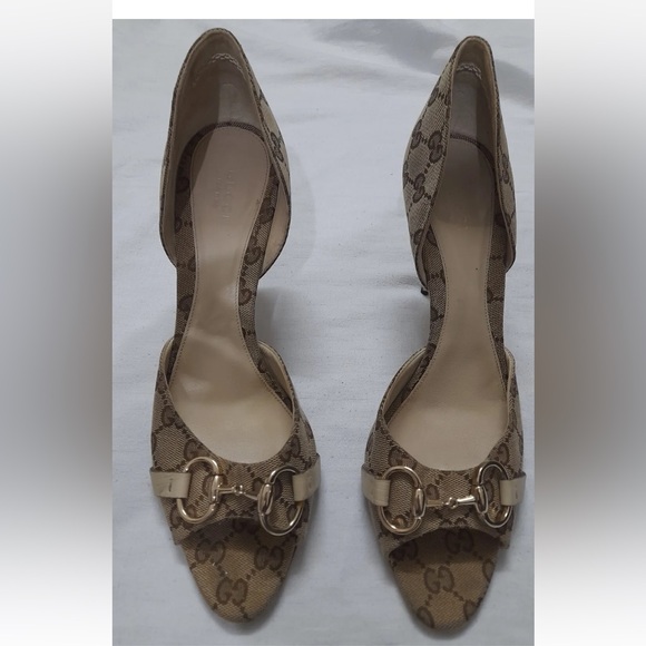 Gucci Brown Patterned Heels with Gold Accents - Picture 1 of 7